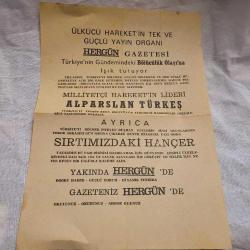 70 LERDEN MHP YAYIN ORGANI HERGÜN GAZETESİ BİLDİRİSİ. NADİRATTAN.