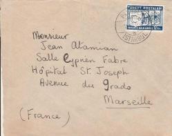 1937 Balkan Antantı 12,5 Kuruş Tek pullu, Pangaltı damgası ile Marsilya'ya gönderilmiş zarf