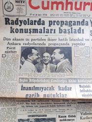 Cumhuriyet Gazetesi - 7 Eylül 1951 - Parti Ağaları Yazan Nadir Nadi Başmakale - Adnan Menderes ile CHP Genel sekreteri Kasım Gülek Ankara'da adli yılın başlaması münasebetiyle yapılan toplantıda konuşurlarken fotoğraf - Radyolarda Propaganda Konuşmaları Başladı - Yurtta Yeni Petrol Sahaları Keşfolundu - Seçim Bölgelerindeki Cumhuriyet Ekibi Bildiriyor - İnanılmayacak Kadar Garip Nutuklar - Kasım Gülek Mahkemeye Çağrıldı - Yeni Adalet Yılı Yargıtay Başkanının Nutkuyla Açıldı - Cumhurbaşkanı Celal Bayar Uludağ'a Çıktı - Arnavud Cafer Gene Kaçtı - Rüyalar Evi Yazan Peride Celal Yazı Dizisi - ne nizam var ne intizam  yazan Burhan Felek  - Türkiye'ye Teknik Yardım - Birleşik Avrupa Meselesi - İngiliz İran Petrol İhtilafının Son Safhası - İstanbul Güreş Kulübünün Faaliyeti - Kadın Gazeteci Lil'in Maceraları Çizgi Roman - İstanbul Ankara Radyosu - Samed Ağaoğlu'nun Dünkü Basın Toplantısı - Sabite Tur Gülerman Büyükdere Beyaz Parkta - komünistlikten sanık gençlerin duruşması - ses tiyatrosu