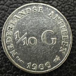 640 Ayar Gümüş,  Hollanda Antilleri 1/10 Gulden, 1966 XF. Darphane İşareti Yıldız ve Balık. Utrech Darbı.
