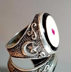 KATALİN ÜZERİNE YAKUT TAŞLI AY YILDIZ DETAYLI GÜMÜŞ YÜZÜK