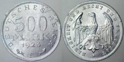 ALMANYA 500 MARK 1923 F. WEIMAR CUMHURİYETİ DÖNEMİ.  ALÜMİNYUM 27 mm. ÇİLALTI+
