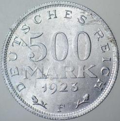 ALMANYA 500 MARK 1923 F. WEIMAR CUMHURİYETİ DÖNEMİ.  ALÜMİNYUM 27 mm. ÇİLALTI+