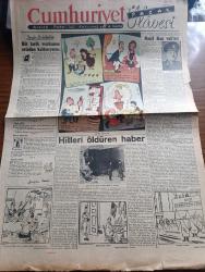 Cumhuriyet Pazar Gazetesi - 2 Eylül 1951 - İzmir dakikaları yazan Doğan Nadi - ah bu sıcaklar renkli karikatür - Türk zabıtasının yakın tarihinden meraklı yapraklar Nazif Kuş Vakası yazan Feyyaz Tokar - Hitleri öldüren haber - Çelik duvarlı sığınak önünde Hitler ve muavini fotoğraf - Abdülhamit'e dair bir müşahede - hikaye kapatma yazan ve resimleyen Zahir Güvemli - zeka sporları - boş vaktinizi hoş geçirmek için - İşin şaka tarafı - verem mikrobunu yiyen mikroptan vereme karşı ilaç yapıldı - insanları üçe ayıran bir nazariye - Bir fotoğrafçının muziplikleri fotoğraf - Greta Garbo - eğer Türkiye hasta adamsa Avrupa çoktan ölmüş demektir - Ava Gardner Frank Sinatra ile seviştiklerini artık kimseye söylemekten çekinmiyor fotoğraf - Joan Crawford'un erkeklere tavsiyesi yeni bir laf bulun fotoğraf - bu mevsim göreceğimiz Türk filmlerinden Allahaısmarladık - Allahaısmarladık filminin donanma ile ilgili sahneleri çevrilmeden evvel komutanlarla filmciler - Suavi Tedü ve Esen Görkmen fotoğraf