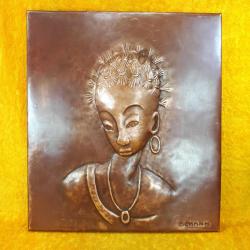 VINTAGE EL YAPIMI İMZALI KABARTMA GÖRSELLİ AFRİKALI KADIN PORTRE BAKIR TABLO