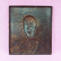 VINTAGE EL YAPIMI İMZALI KABARTMA GÖRSELLİ AFRİKALI KADIN PORTRE BAKIR TABLO