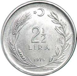 Türkiye Cumhuriyet 1975 Yılı  2.5 Lira  Kenar Yazısı Turaya Göre Düz  (9533)
