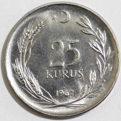 Türkiye Cumhuriyet 1967 Yılı 25 Kuruş Kenar Yazısı Turaya Göre Düz  (9560)