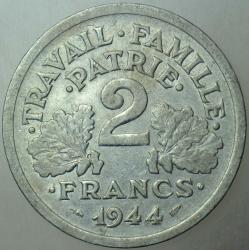 FRANSA 2 FRANK 1944 C. II. DÜNYA SAVAŞI NAZİ İŞGALİ VİCHY HÜKÜMETİ PARASI. NADİR