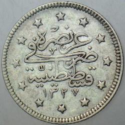 V. MEHMED REŞAD GÜMÜŞ 2 KURUŞ 1327/2 KOSTANTİNİYYE DARBI. OSMANLI İMPARATORLUĞU.