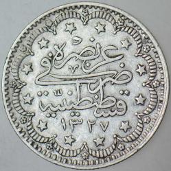 SULTAN V. MEHMED REŞAD GÜMÜŞ 5 KURUŞ 1327/4 İSTANBUL DARBI. ÇİLALTI(-)