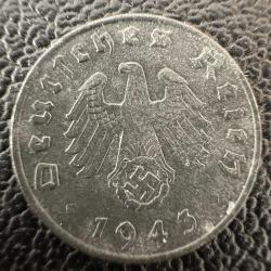 Nazi Almanya 1 Reichspfennig 1943 A. Gamalı Haç Detaylı. Çinko. Doğal Koyu Gri Renk