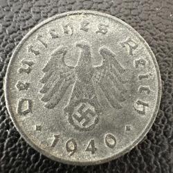 Nazi Almanya 10 Reichspfennig 1940 F. Gamalı Haç Detaylı. Çinko. Doğal Koyu Gri Renk