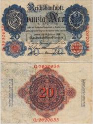 ** ALMANYA İMPARATORLUĞU 20 MARK 1914. ÇOK ÇOK TEMİZ.