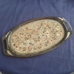 Vintage İşlemeli Bakır Servis Tepsi