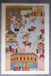 OSMANLI MİNYATÜR TEMALI BÜYÜK BOY KARTPOSTAL KONDİSYON YÜKSEK KOLEKSİYONLUK NADİR ÖLÇÜ = 15 X 22 CM
