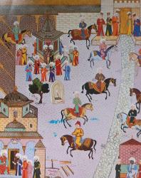 OSMANLI MİNYATÜR TEMALI BÜYÜK BOY KARTPOSTAL KONDİSYON YÜKSEK KOLEKSİYONLUK NADİR ÖLÇÜ = 15 X 22 CM