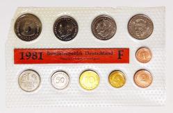 ALMANYA 1981 F DARPHANE PARA SETİ 10 FARKLI PARA 1-2-5-10-50 PFENNIG VE 1-2-2-2-5 MARK. KENDİ PVC KARTINDA PROOF BASKI.