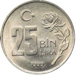 Türkiye Cumhuriyeti 1999 Yılı 25 Bin Lira Tura'ya Göre Ters  (5124)