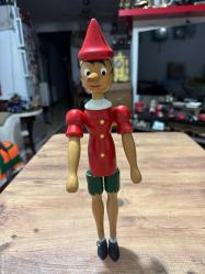 Vintage Hareketli Kolları ve Bacakları Olan Büyük Vintage Pinokyo Ahşap Biblo Figürü Boy 33 cm