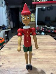 Vintage Hareketli Kolları ve Bacakları Olan Büyük Vintage Pinokyo Ahşap Biblo Figürü Boy 33 cm