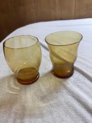 Vintage 2 Farklı MCM Empoli Sanat Optik Shot Bardağı İtalya Kehribar Altın Dalgalı Üst Kısım Nadir bulunur Dekorluk Koleksiyonluk