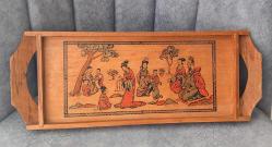 VİNTAGE EL YAPIMI EL ÇİZİMİ ÇİN KÜLTÜR TEMALI AHŞAP TEPSİ.  KONDİSYON İYİ KOLEKSİYONLUK NADİR