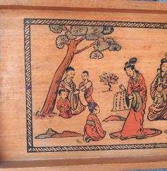 VİNTAGE EL YAPIMI EL ÇİZİMİ ÇİN KÜLTÜR TEMALI AHŞAP TEPSİ.  KONDİSYON İYİ KOLEKSİYONLUK NADİR