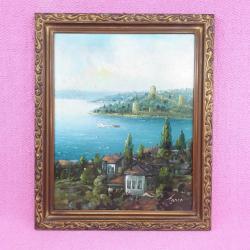 VINTAGE ORJİNAL ÇERÇEVESİNDE BOĞAZİÇİ RUMELİHİSARI TEMALI İMZALI YAĞLIBOYA RESİM