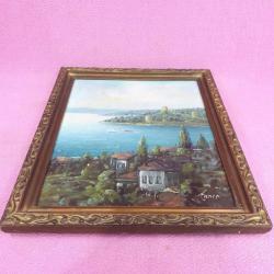VINTAGE ORJİNAL ÇERÇEVESİNDE BOĞAZİÇİ RUMELİHİSARI TEMALI İMZALI YAĞLIBOYA RESİM