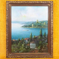VINTAGE ORJİNAL ÇERÇEVESİNDE BOĞAZİÇİ RUMELİHİSARI TEMALI İMZALI YAĞLIBOYA RESİM