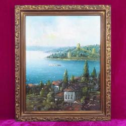 VINTAGE ORJİNAL ÇERÇEVESİNDE BOĞAZİÇİ RUMELİHİSARI TEMALI İMZALI YAĞLIBOYA RESİM