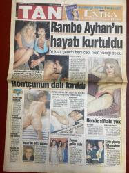 TAN GAZETESİ DOĞUM GÜNÜ HEDİYESİ - 26 MAYIS 1997 - TAM TAKIM 8 SAYFADIR -Rambo Ayhan-Anja-Tarık Akan-Zeyna-Hülya Avşar-Kaya Çilingiroğlu-Ökkeş Bey-Hande Ataizi-Sibel Barış-Nurani Lütfi-Cem Bey-Şakir-Muzaffer-Ümit Barut-Teslime Tablacı-Mike Tyson-Otto Bariç-Rıdvan Dilmen-Sonel-Talat Bulut-Bülent Kayabaş-Cem Davran-Bahattin Atak  Rambo Ayhan’ın hayatı kurtuldu-Rontçunun dalı kırıldı-Henüz siftahı yok-Zeyna gelin oldu-Karısı şişerse Hülya evlenir-Ökkeş sekreteriyle iş gezisinde-Eroinman Hande-Seksin tuzu biberi fantezi-Kocamı aldatmak için bir neden yok-Arkadaşının namusu katil yaptı-Zorla senet imzalattılar-Uzaylı olmak ister misiniz?-Her erkek kraldır-Elveda lig-Erkekleri korkutan kadınlar  Anja sevgilisinin dudağına yumuldu yüreği tutuştu-Bakan’dan Tarık’a suçlama-Eşemeler kıskanıyor-Süt beyaz-Hemşire Hande-Mafyavari kaçış-Cinler periler beni rahatsız ediyor-Deriyi kaçakçılar yaktı-Adaletten kaçılmaz-Çapkın ikizler iş başında-Talihsiz Sonel-Komiklerin üç ustası-Yaşanmış aşk hikayeleri-