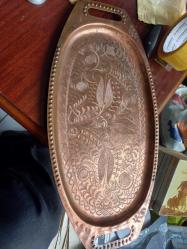 Bakır tepsi lale işlemeli kalem işçiliği  Erzincan yöresi nadir formda 46x 22 cm boyutlarında