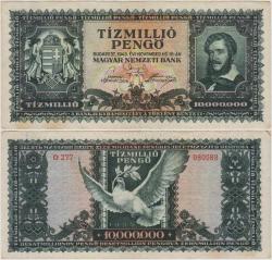 MACARİSTAN 10.000.000 PENGÖ 1945 II. DÜNYA SAVAŞI SONRASI HİPERENFLASYON DÖNEMİ. ÇOK TEMİZ