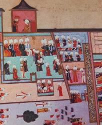 OSMANLI MİNYATÜR TEMALI BÜYÜK KARTPOSTAL KONDİSYON YÜKSEK KOLEKSİYONLUK NADİR ÖLÇÜ = 15 X 22 CM TOPKAPI SARAY BAHÇESİ