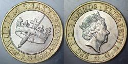 BİRLEŞİK KRALLIK 2 POUND 2016 HATIRA-SHAKESPEARE ÖLÜMÜNÜN 400. YILI. II. ELİZABETH. İNGİLTERE BİMETAL ÇİLALTI