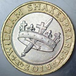 BİRLEŞİK KRALLIK 2 POUND 2016 HATIRA-SHAKESPEARE ÖLÜMÜNÜN 400. YILI. II. ELİZABETH. İNGİLTERE BİMETAL ÇİLALTI