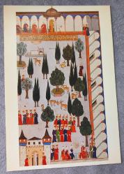 OSMANLI MİNYATÜR TEMALI BÜYÜK KARTPOSTAL KONDİSYON YÜKSEK KOLEKSİYONLUK NADİR ÖLÇÜ = 15 X 22 CM TOPKAPI SARAY BAHÇESİ
