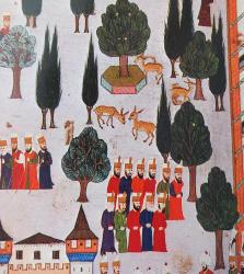 OSMANLI MİNYATÜR TEMALI BÜYÜK KARTPOSTAL KONDİSYON YÜKSEK KOLEKSİYONLUK NADİR ÖLÇÜ = 15 X 22 CM TOPKAPI SARAY BAHÇESİ