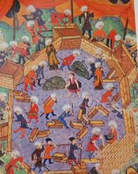 OSMANLI MİNYATÜR TEMALI BÜYÜK KARTPOSTAL KONDİSYON YÜKSEK KOLEKSİYONLUK NADİR ÖLÇÜ = 15 X 22 CM KALE İNŞA EDENLER