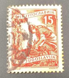 Yugoslavya Pulu - Yugoslavia Stamp - Postadan Geçmiş Pul Filateli - DAMGALI - AYÇİÇEĞİ TOPLAYAN KÖYLÜ KADIN TEMALI PUL, 15 PARA - YABANCI PULLAR-NOSTALJİK DOĞUM GÜNÜ HEDİYESİ
