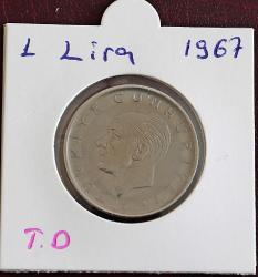 Türkiye Cumhuriyet 1967 Yılı 1 Lira Kenar Yazısı Turaya Göre Düz (0162)