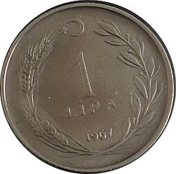 Türkiye Cumhuriyet 1967 Yılı 1 Lira Kenar Yazısı Turaya Göre Düz (0162)