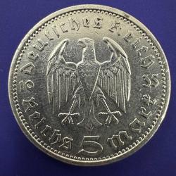 900 Ayar Gümüş  Nazi Almanyası - Üçüncü Reich 5 Reichsmark, 1935 Gamalı Haçsız Kartal Darphane işareti 