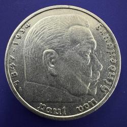 900 Ayar Gümüş  Nazi Almanyası - Üçüncü Reich 5 Reichsmark, 1935 Gamalı Haçsız Kartal Darphane işareti 