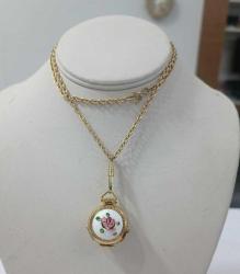 Retro Altın Kaplama Çift Taraflı Guilloche Mineli 4 Resimlik Locket Kolye