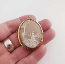 Antika Victorian Altın Kaplama Hakiki Shell Cameo Kolye Ucu Broş