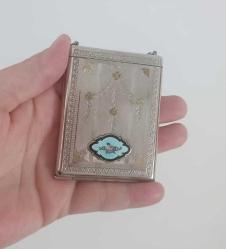 Antika Gümüş ve Altın Kaplama Guilloche Mineli Kompakt Pudriyer  Çanta 1920 ler Amerika