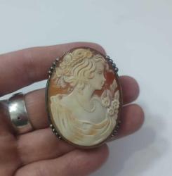Antika Victorian 925 Gümüş Hakiki Shell Cameo Kolye Ucu Broş